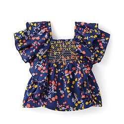 Babyhug Rayon Woven Half Sleeves Cropped Top With Smocking & Frills Detailing Floral Print - Blue