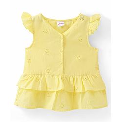 Babyhug schiffli Woven Frill Sleeves Embroidered Top - Yellow