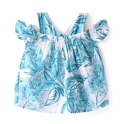 Babyhug Rayon Half Sleeves Woven Cold Shoulder Top With Ruffles and Frills Floral Print - Blue