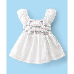 Babyhug Cotton Half Sleeves Woven Top With Smocking and Lace Detailing - White