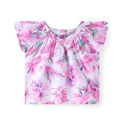 Babyhug Woven Half Sleeves Floral Printed Top with Schiffili Detailing - White & Pink