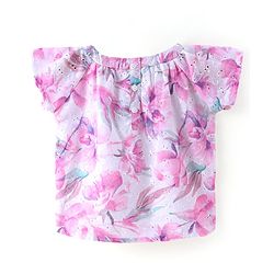 Babyhug Woven Half Sleeves Floral Printed Top with Schiffili Detailing - White & Pink