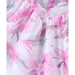 Babyhug Woven Half Sleeves Floral Printed Top with Schiffili Detailing - White & Pink