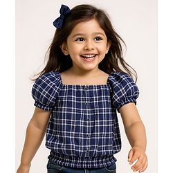 Babyhug Cotton Woven Half Sleeves Front Open Checks Cropped Top with Smocking - Blue