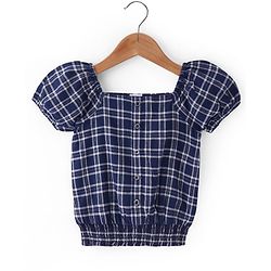 Babyhug Cotton Woven Half Sleeves Front Open Checks Cropped Top with Smocking - Blue