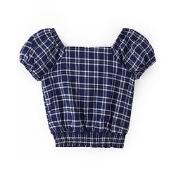 Babyhug Cotton Woven Half Sleeves Front Open Checks Cropped Top with Smocking - Blue