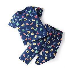 Babyhug Single Jersey Knit Half Sleeves  Night Suit with Alphabet Print - Navy Blue