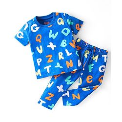 Babyhug Cotton Knit Half Sleeves Night Suit with Alphabet Print - Blue