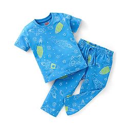Babyhug Single Jersey Knit Half Sleeves Night Suit Space Theme - Blue