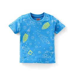 Babyhug Single Jersey Knit Half Sleeves Night Suit Space Theme - Blue