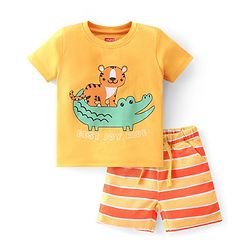 Babyhug Cotton Knit Single Jersey Half Sleeves Night Suit With Tiger & Crocodile Print - Yellow