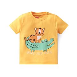 Babyhug Cotton Knit Single Jersey Half Sleeves Night Suit With Tiger & Crocodile Print - Yellow