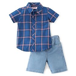 Babyhug Cotton Woven Half Sleeves Checks Shirt & Denim Shorts Set - Blue