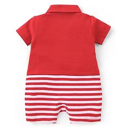 Babyhug 100% Cotton Knit Half Sleeves Romper With Striped Design & Tiger Print - Red