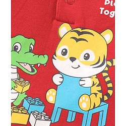 Babyhug 100% Cotton Knit Half Sleeves Romper With Striped Design & Tiger Print - Red