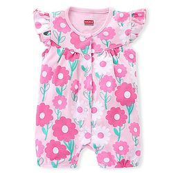 Babyhug 100% Cotton Knit Interlock Half Sleeves Romper With Floral Print - Pink