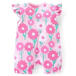 Babyhug 100% Cotton Knit Interlock Half Sleeves Romper With Floral Print - Pink
