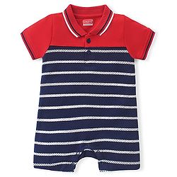 Babyhug 100% Cotton Knit Interlock Half Sleeves Romper With Striped Print - Red & Blue