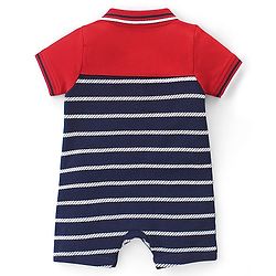 Babyhug 100% Cotton Knit Interlock Half Sleeves Romper With Striped Print - Red & Blue