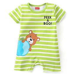 Babyhug 100% Cotton Knit Half Sleeves Romper With Striped Design & Bear Print - Green