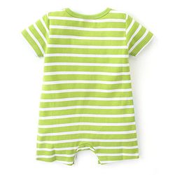 Babyhug 100% Cotton Knit Half Sleeves Romper With Striped Design & Bear Print - Green