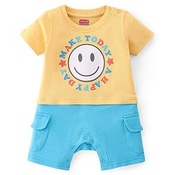 Babyhug 100% Cotton Knit Half Sleeves Romper with Smiley & Text Print - Multicolour