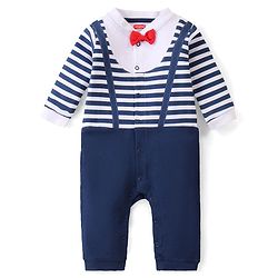 Babyhug 100% Cotton Knit Full Sleeves Striped Romper with Bow Detailing - Navy Blue