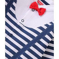 Babyhug 100% Cotton Knit Full Sleeves Striped Romper with Bow Detailing - Navy Blue
