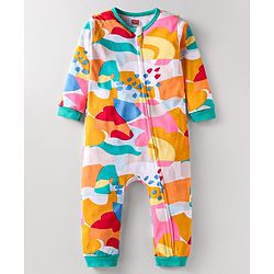 Babyhug 100% Cotton Knit Full Sleeves Romper With Abstract Print - Multicolour