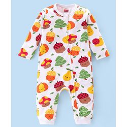 Babyhug 100% Cotton Knit Full Sleeves Romper With Pumpkin Print - Multicolour