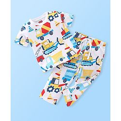 Babyhug Single Jersey Cotton Knit Half Sleeves Night Suit With Construction Vehicle Print - White