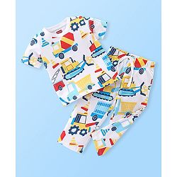 Babyhug Single Jersey Cotton Knit Half Sleeves Night Suit With Construction Vehicle Print - White