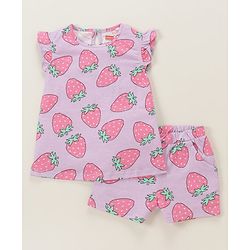 Babyhug Cotton Knit Sleeveless Night Suit With Strawberry Print - Purple