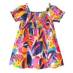 Babyhug Single Jersey Knit Half Sleeves Frock Leafy Print - Multicolor