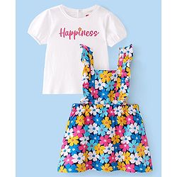 Babyhug Single Jersey Knit Floral Print Frock with Half Sleeves Inner Tee - Blue