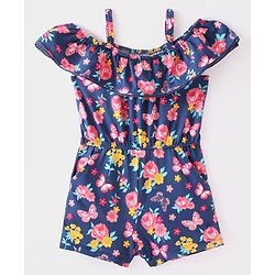 Babyhug Single Jersey Knit Cold Shoulder Sleeves Jumpsuit with Floral Print - Navy Blue
