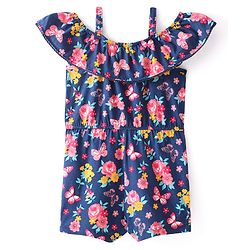 Babyhug Single Jersey Knit Cold Shoulder Sleeves Jumpsuit with Floral Print - Navy Blue