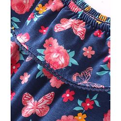 Babyhug Single Jersey Knit Cold Shoulder Sleeves Jumpsuit with Floral Print - Navy Blue