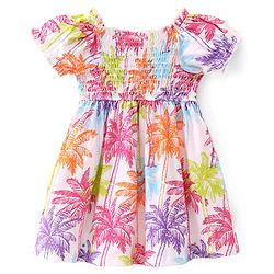 Babyhug  Single Jersey Knit Half Sleeves Frock Palm Tree Print - Multicolor