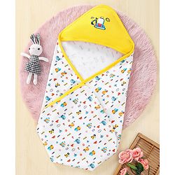 Babyhug 100% Cotton Vehicle Embroidered Hooded Wrapper - Yellow
