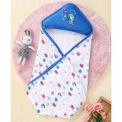 Babyhug 100% Cotton Whale Embroidered Hooded Wrapper - Blue
