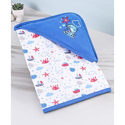 Babyhug 100% Cotton Whale Embroidered Hooded Wrapper - Blue