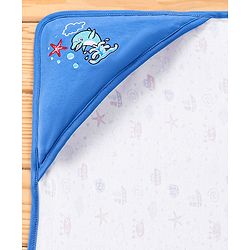Babyhug 100% Cotton Whale Embroidered Hooded Wrapper - Blue