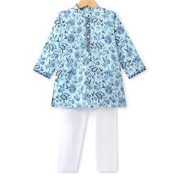 Babyhug Cotton Woven Full Sleeves Floral Printed Kurta Pyjama Set- Blue