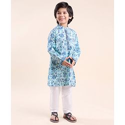 Babyhug Cotton Woven Full Sleeves Floral Printed Kurta Pyjama Set- Blue