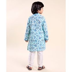 Babyhug Cotton Woven Full Sleeves Floral Printed Kurta Pyjama Set- Blue