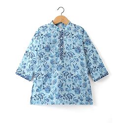 Babyhug Cotton Woven Full Sleeves Floral Printed Kurta Pyjama Set- Blue