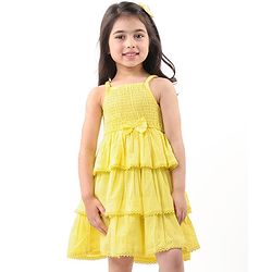 Babyhug 100% Cotton Woven Sleeveless Frock with Schiffli Design & Bow Applique - Yellow