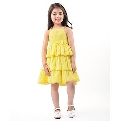 Babyhug 100% Cotton Woven Sleeveless Frock with Schiffli Design & Bow Applique - Yellow