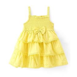 Babyhug 100% Cotton Woven Sleeveless Frock with Schiffli Design & Bow Applique - Yellow
